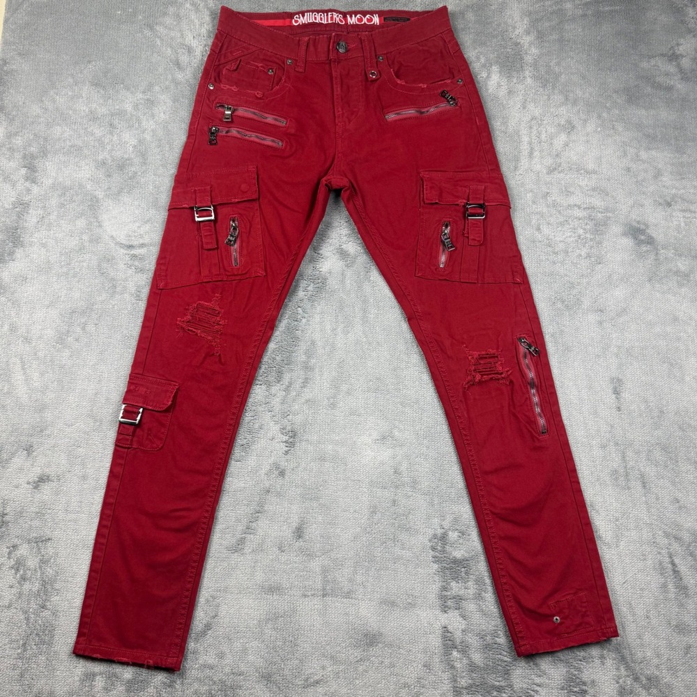 Smugglers Moon Mens Red Cargo Pants Zippers Distressed Utility Slim Fit 34x32 - Picture 1 of 9